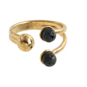 Adjustable gold-plated steel ring with volcanic lava balls