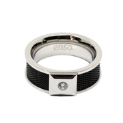 Men's steel ring with black mesh and cubic zirconia