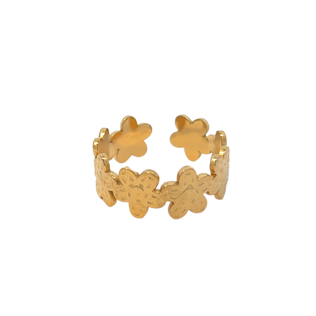Anillo acero baño de oro flor adaptable