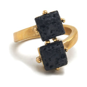 Square gold-plated steel ring with volcanic lava