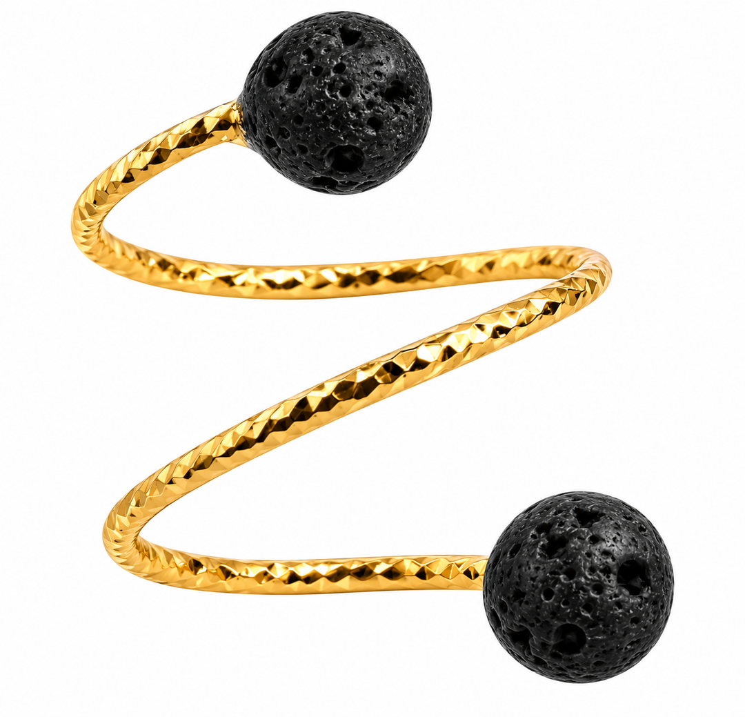 Bague en acier plaqué or avec deux billes