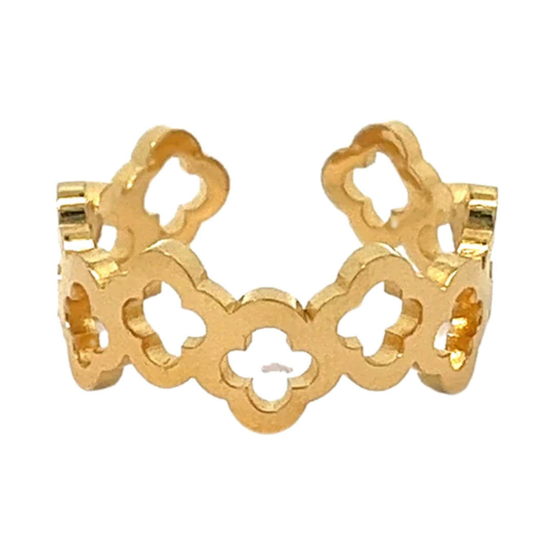 Anillo de acero con baño de oro y tréboles