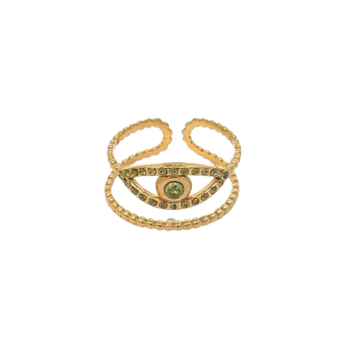 Anillo de acero con baño de oro y ojo con olivinas
