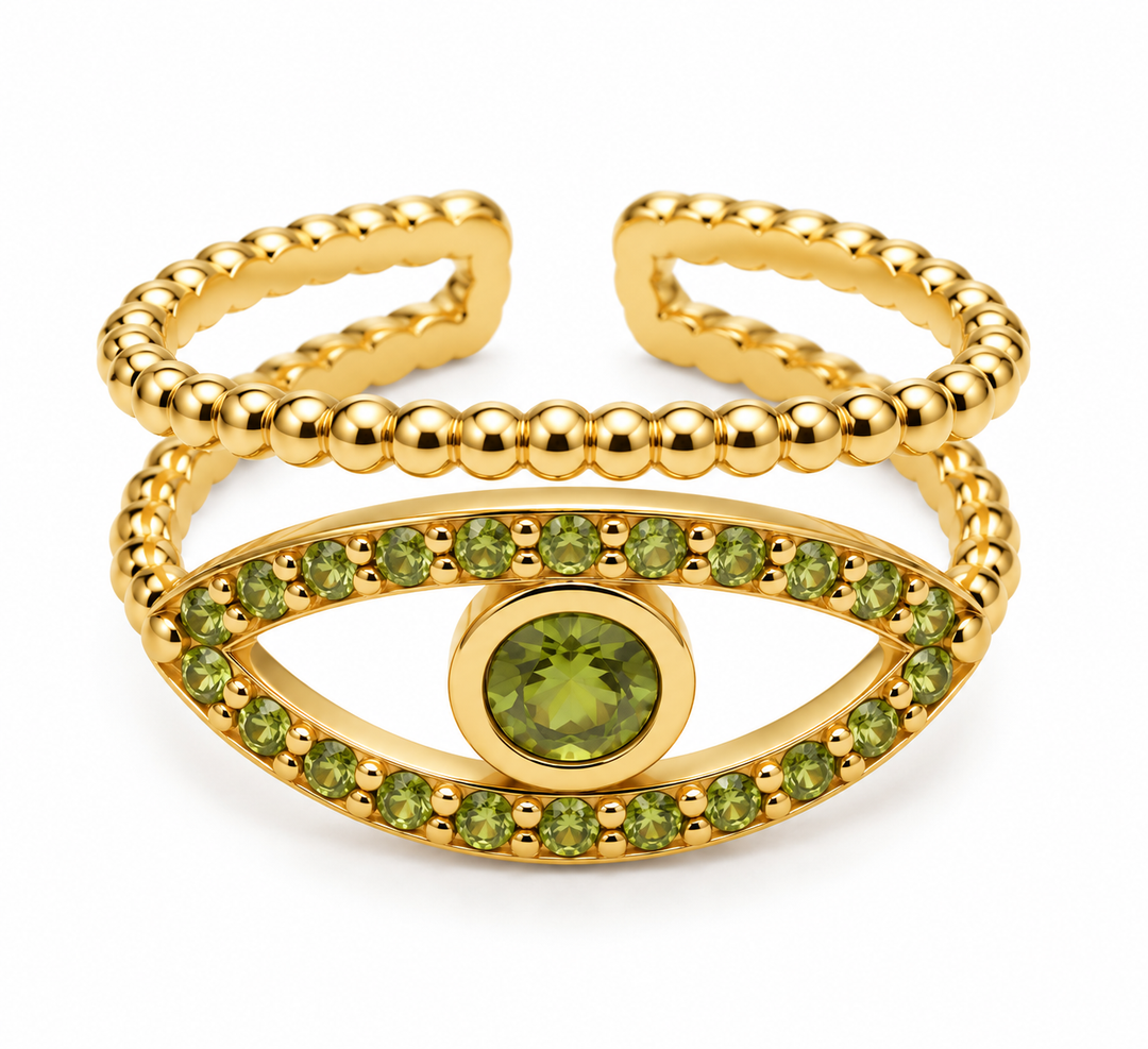 Anillo acero baño oro olivinas adaptable