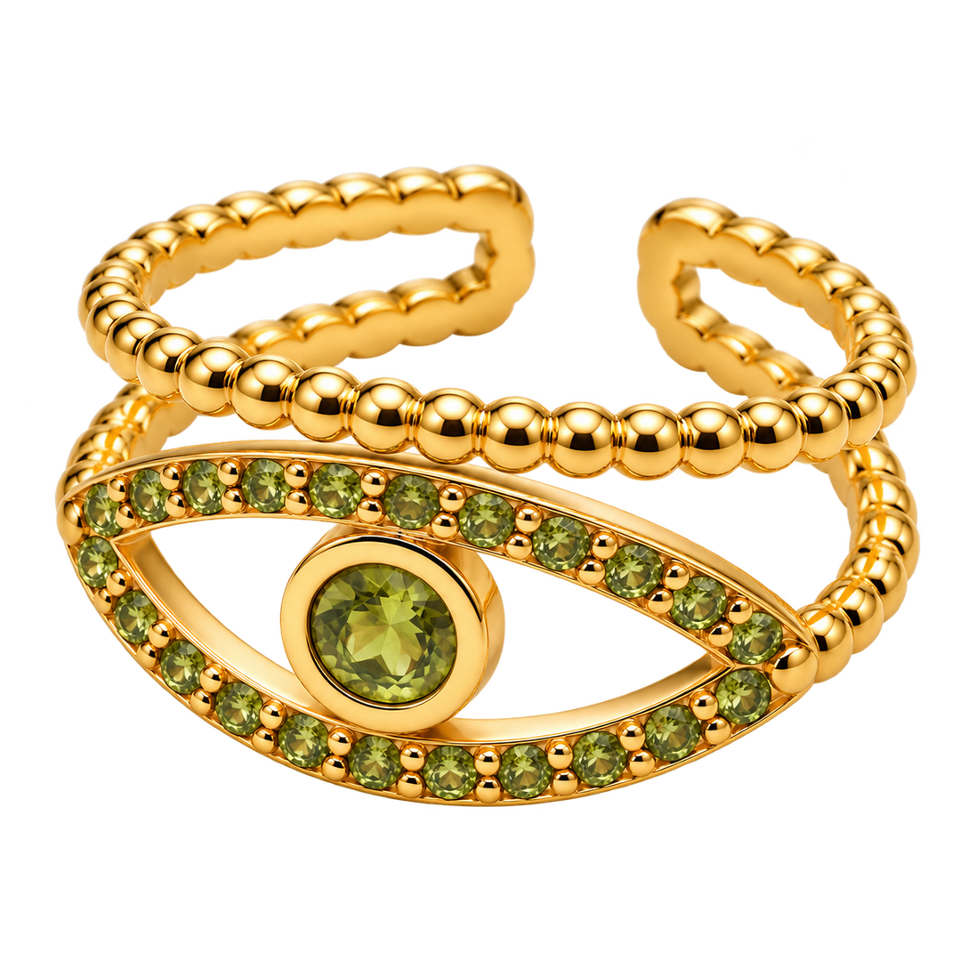 Bague en acier plaquée or avec olivines, taille ajustable