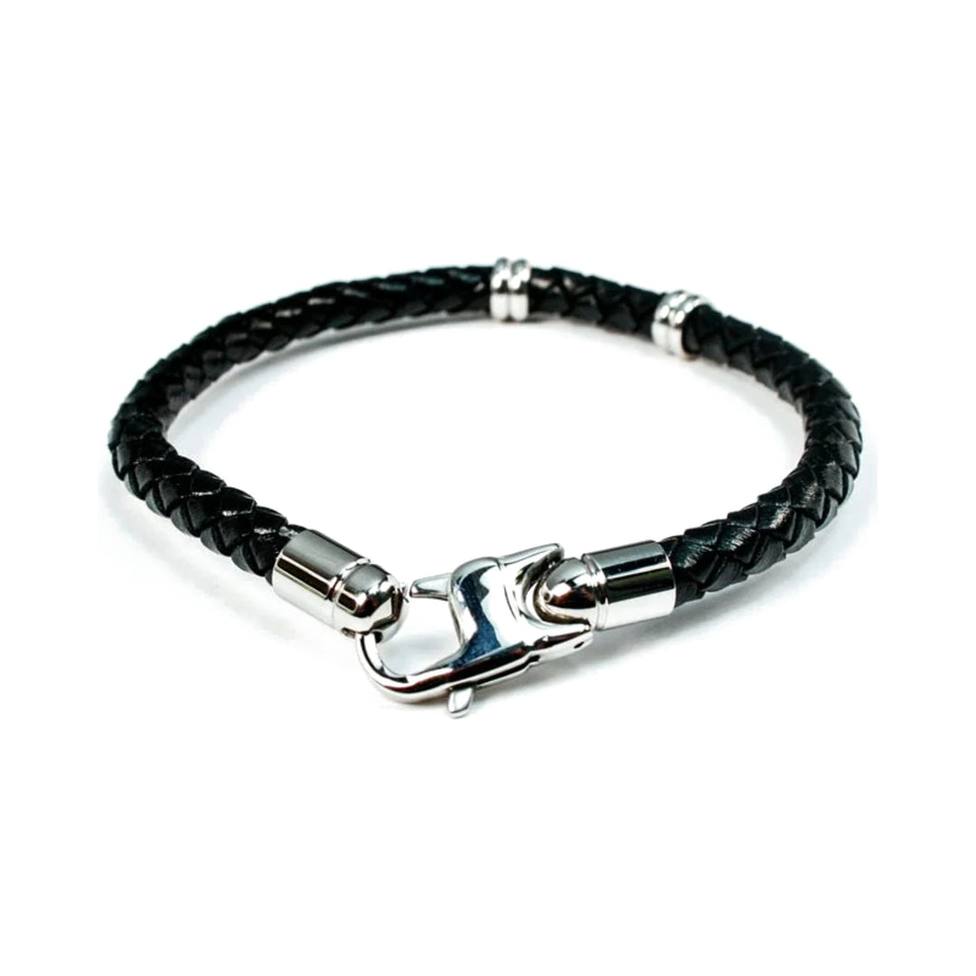 Pulsera de cuero negro con gancho para hombre