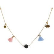 Colgante de acero bañado en oro con abanicos azul y rosa