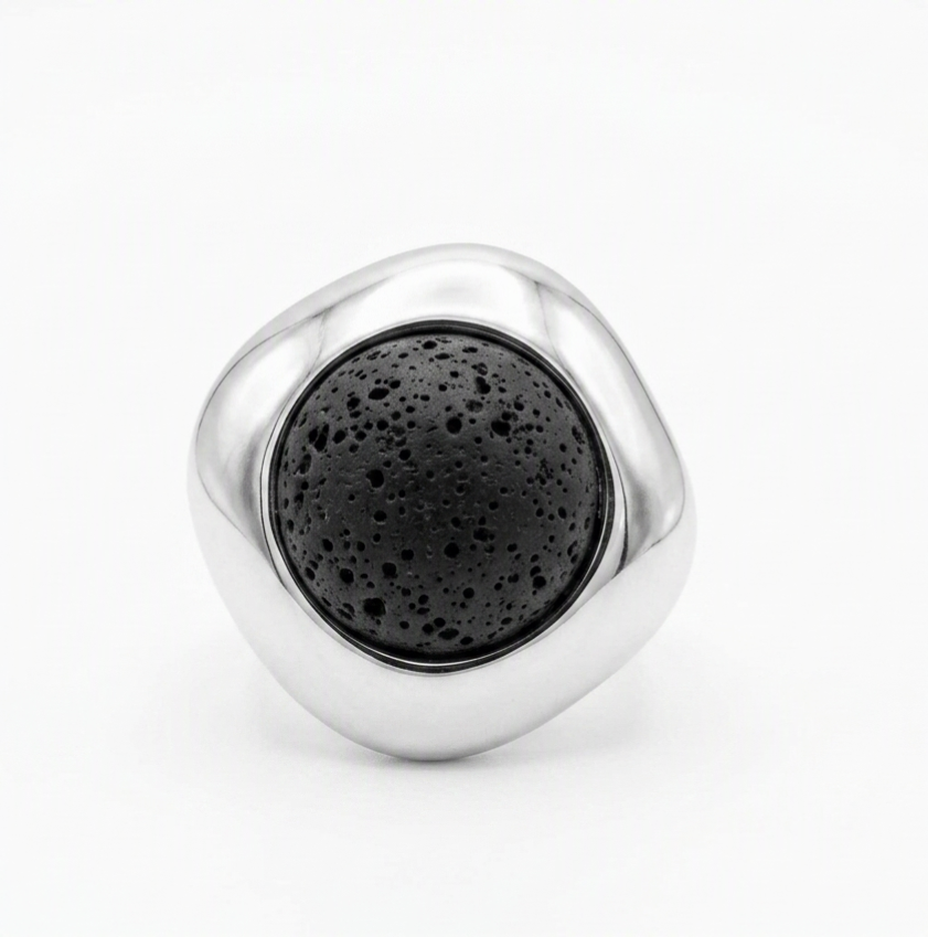 Silver plated ring adaptable flat black lava