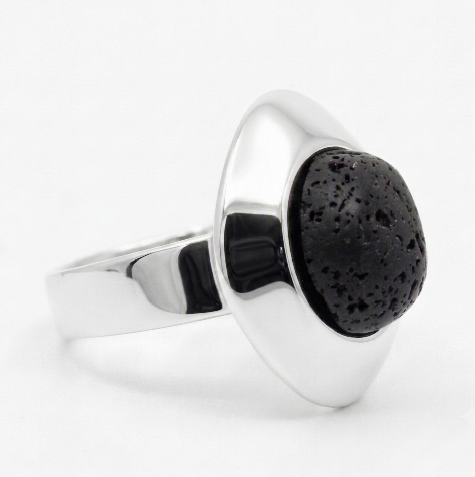 Silver plated ring adaptable flat black lava