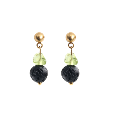 Gold-plated steel earrings with peridot and volcanic lava