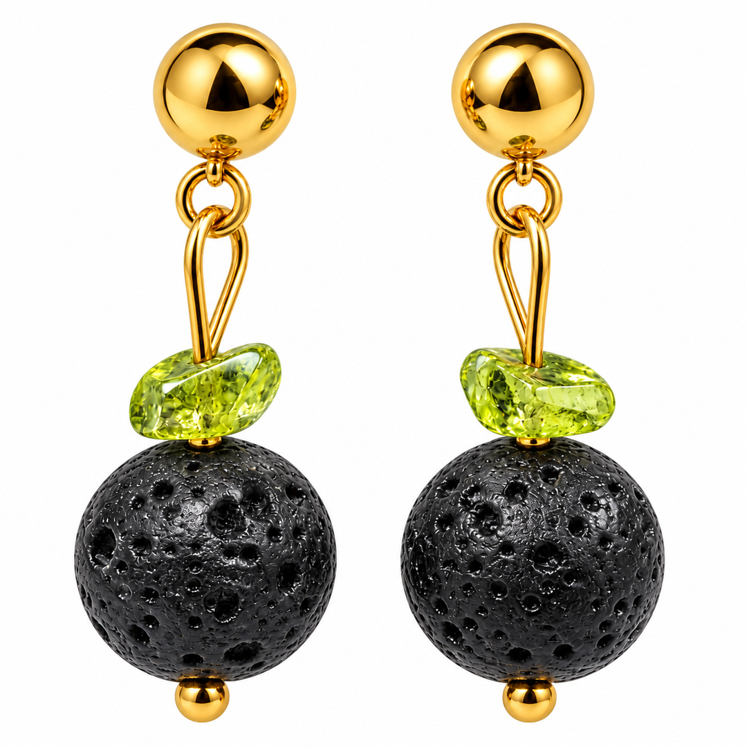 Pendientes acero baño oro olivina y lava