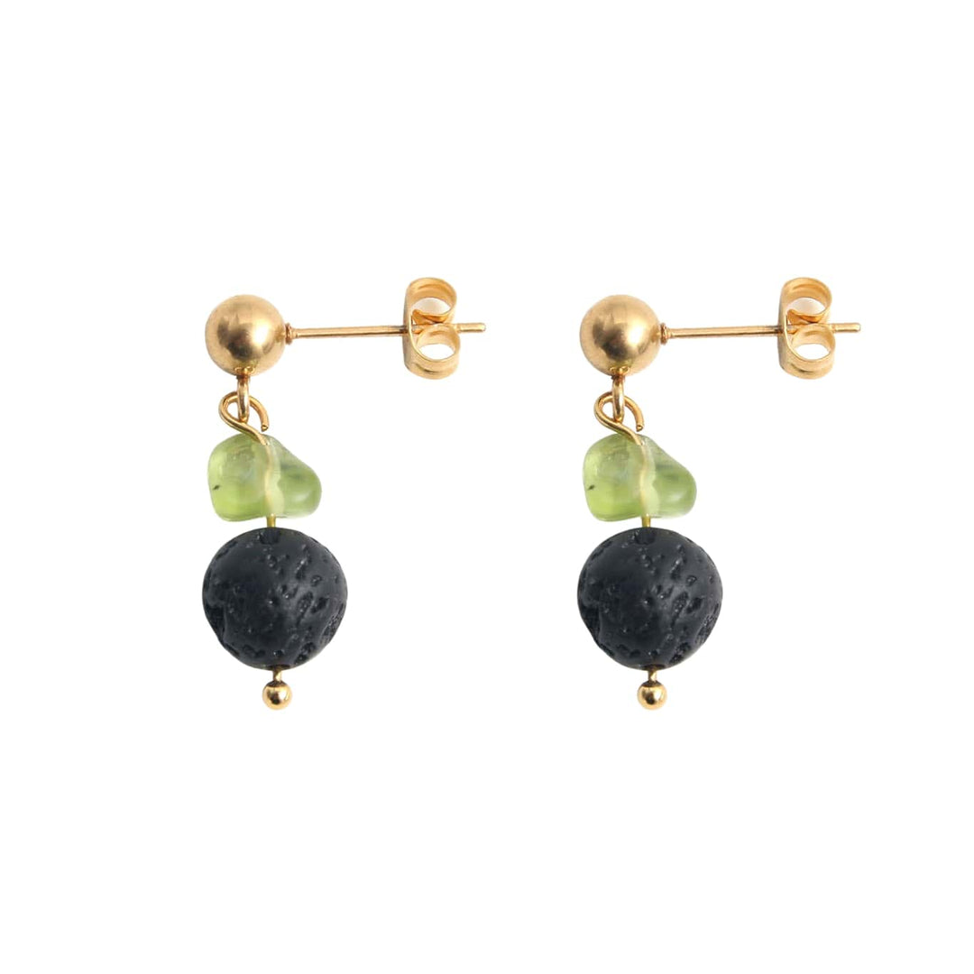 Gold-plated steel earrings with peridot and volcanic lava, another view