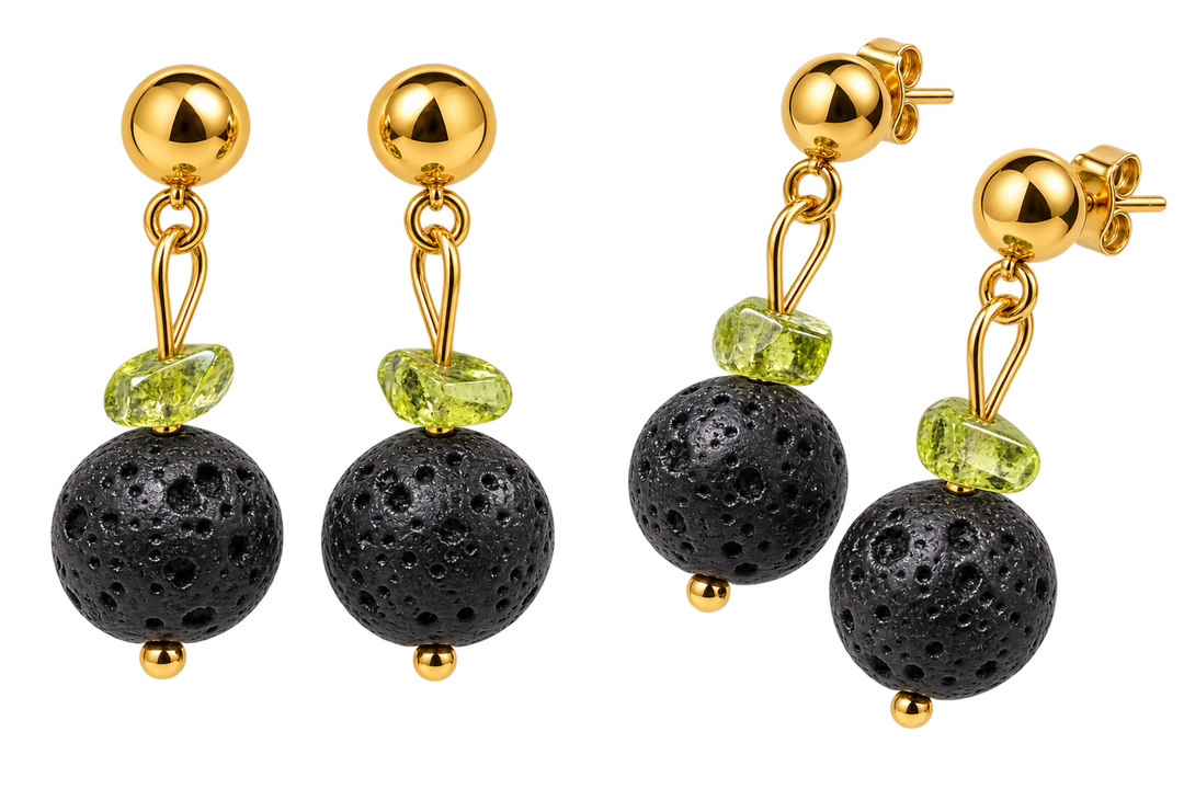 Pendientes acero baño oro olivina y lava