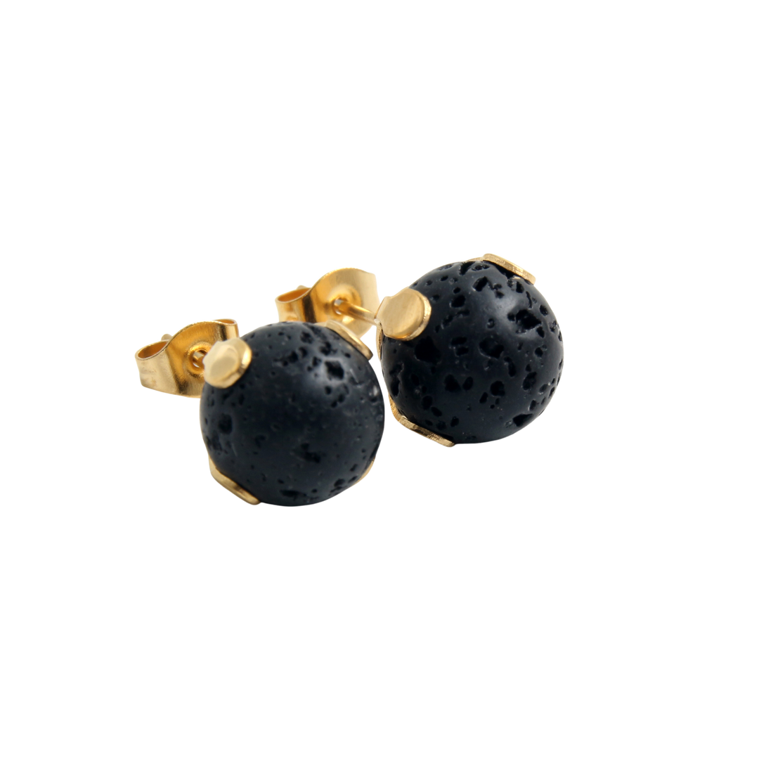 Gold-plated steel earrings with a volcanic lava ball, another view