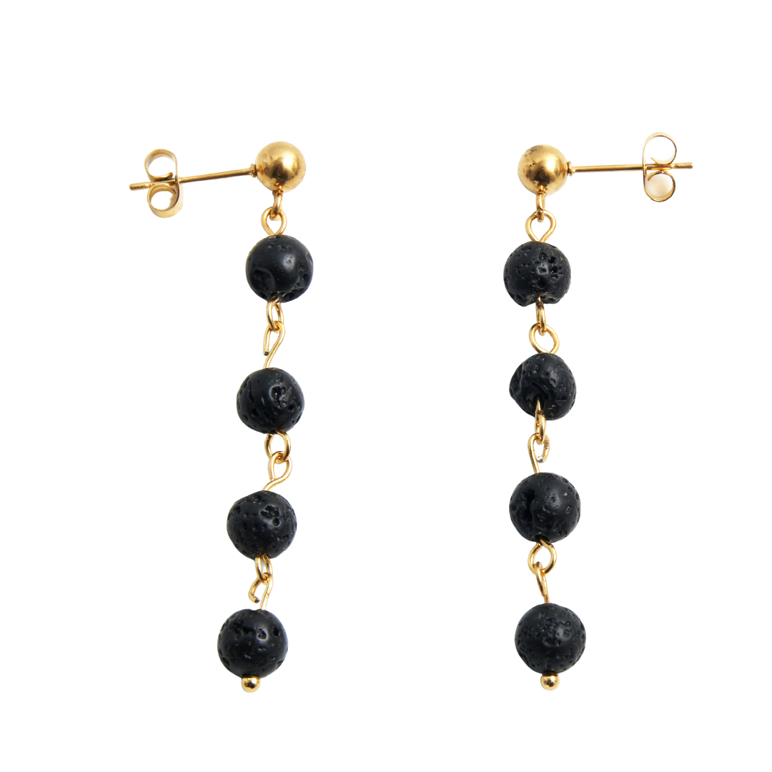 Pendientes de acero con baño de oro y bolas de lava volcánica