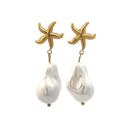 Pendientes de acero con baño de oro, estrella de mar y perla barroca