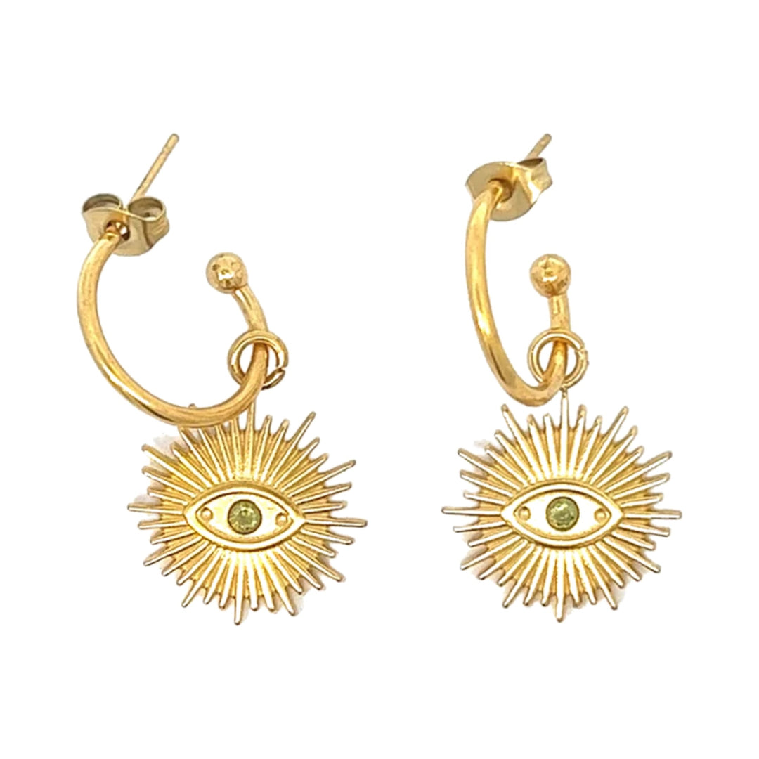 Pendientes de acero con baño de oro en forma de sol con olivina