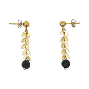 Gold-plated steel leaf drop earrings with a volcanic lava ball