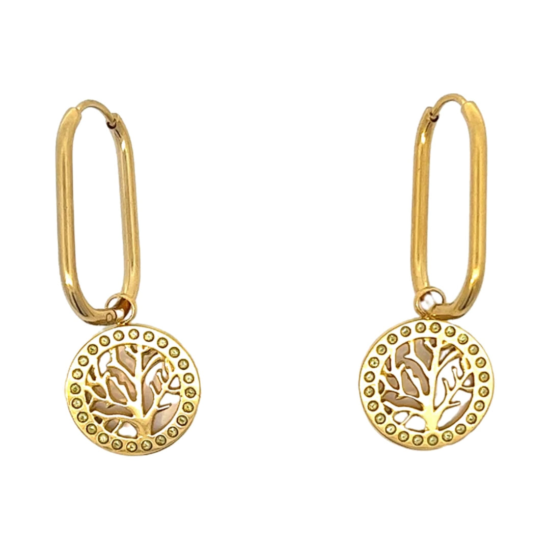 Pendientes de acero con baño de oro, árbol de la vida y olivinas