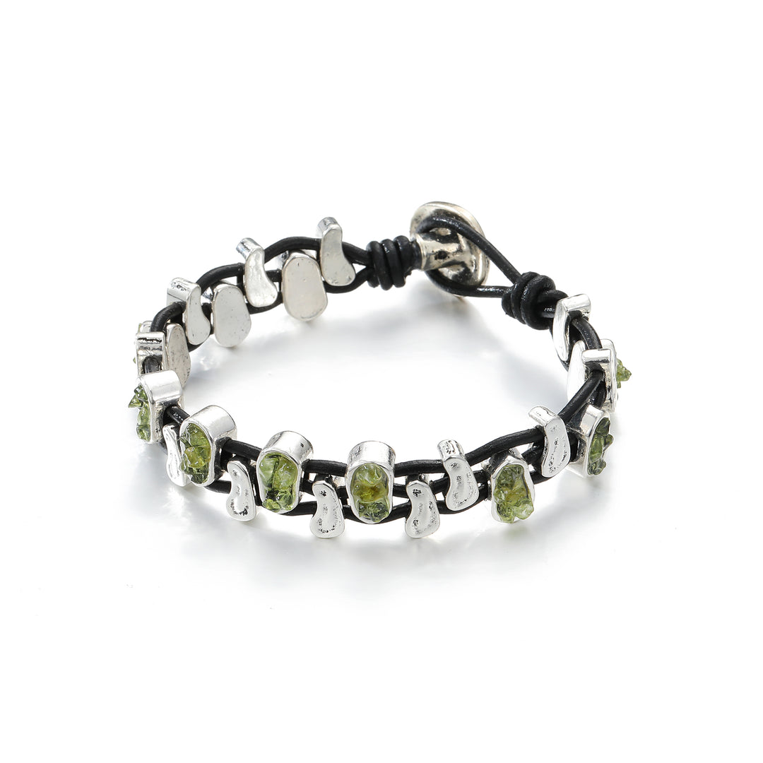 Pulsera doble de olivina y cuero