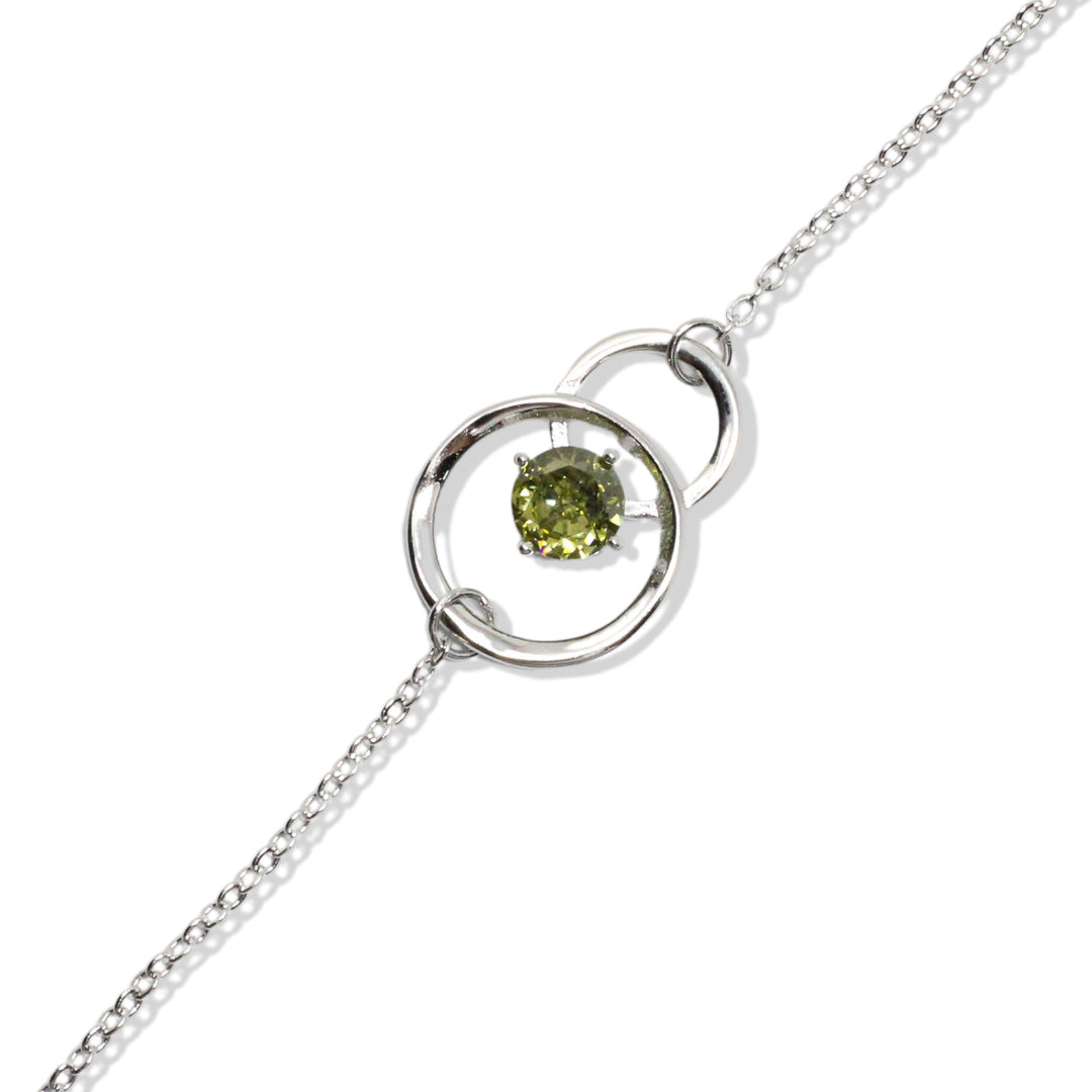 Pulsera de plata con doble círculo de olivina, otra vista