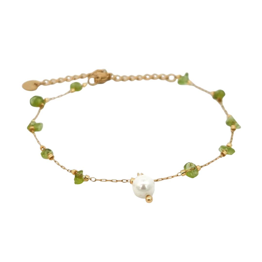 Pulsera baño de oro con olivina y perla