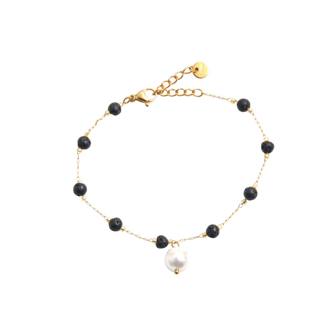 Pulsera baño de oro con lava y perla