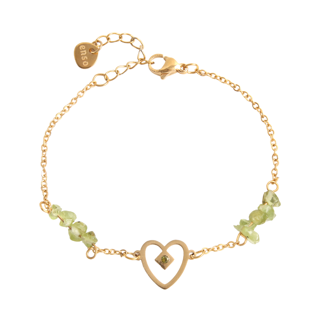 Pulsera baño de oro con corazón y olivina