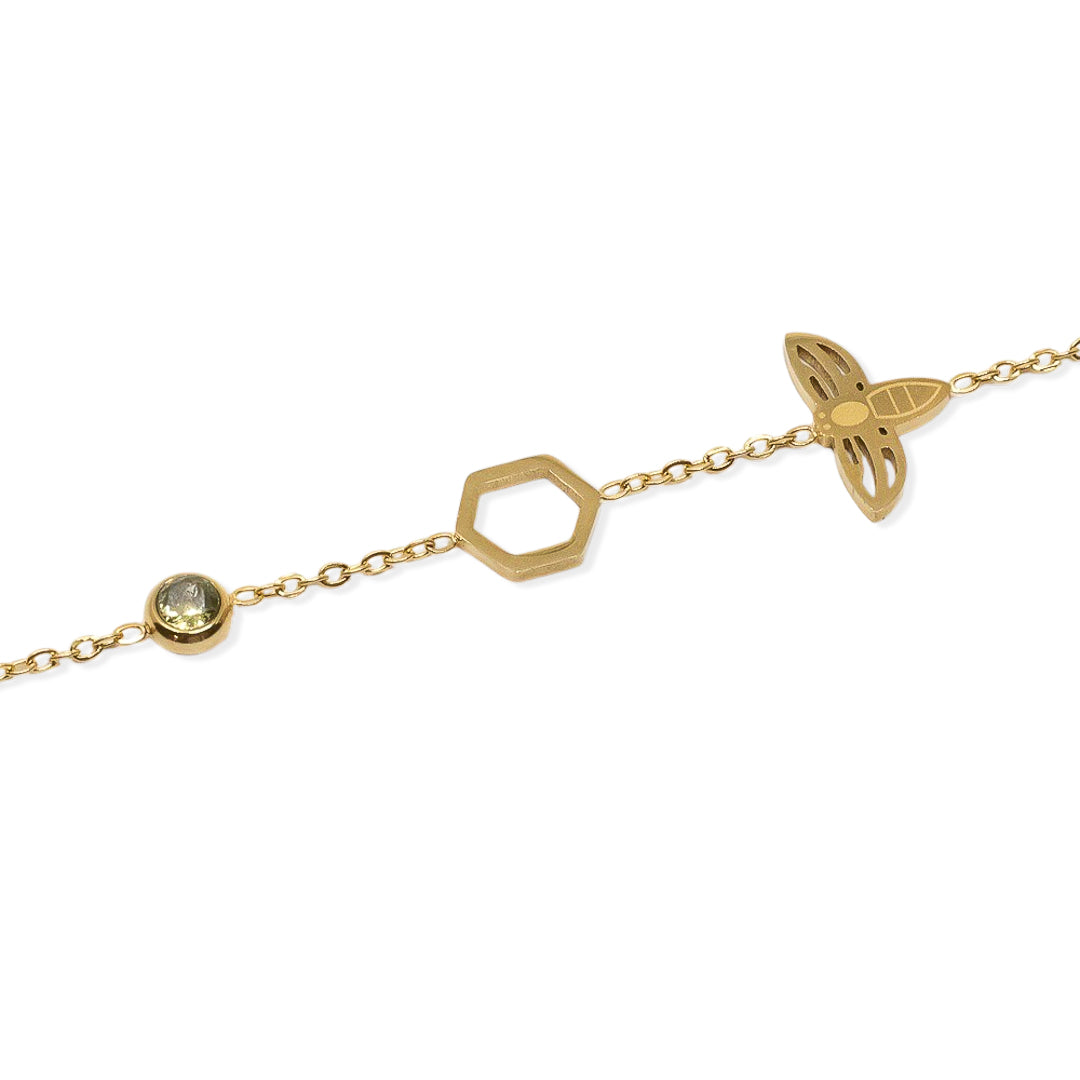 Pulsera baño de oro hexágono y olivina, detalle