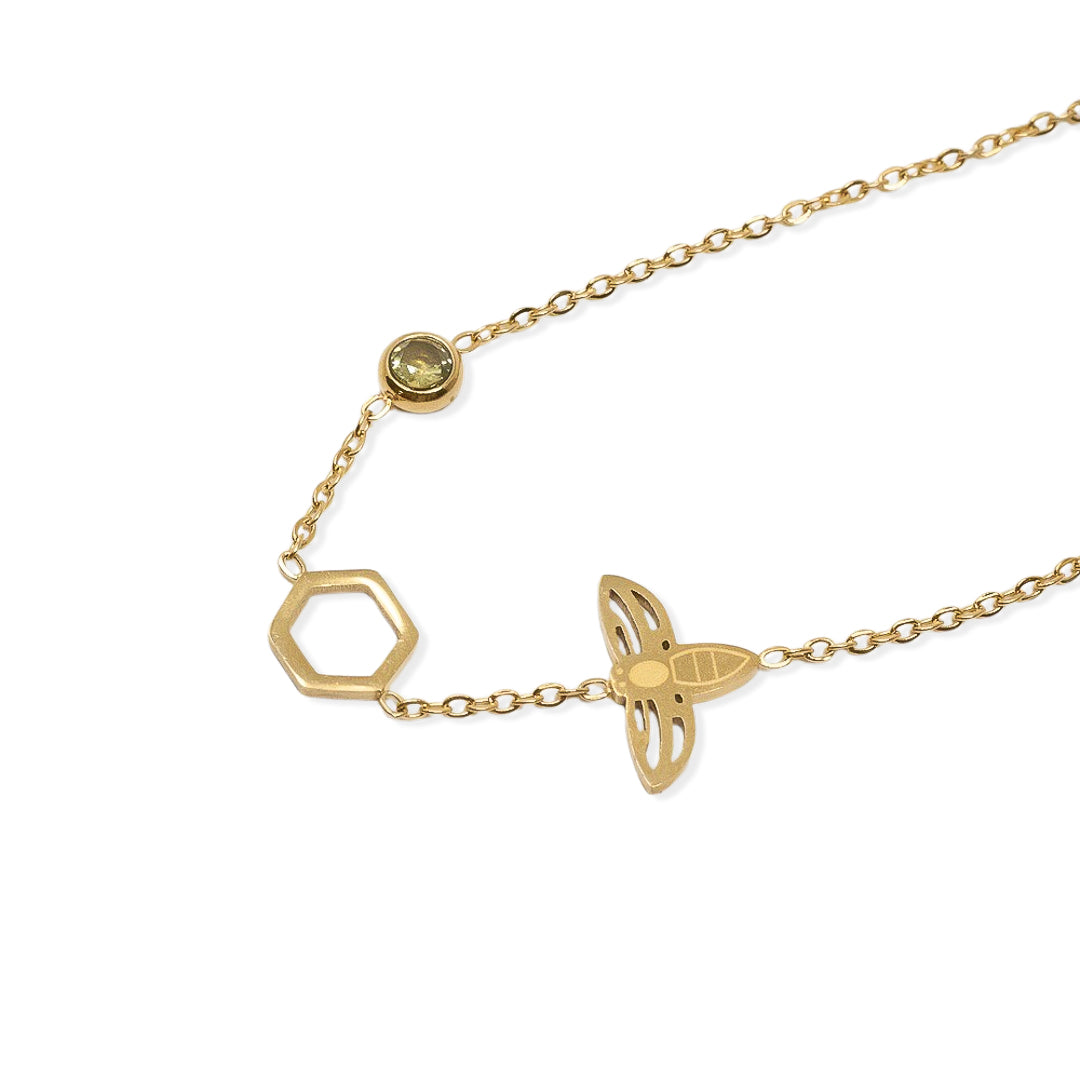 Pulsera baño de oro hexágono y olivina, otra vista